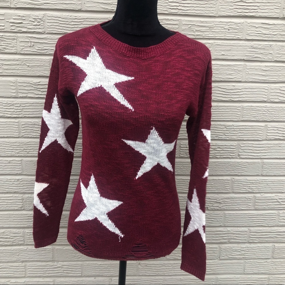 La Miel Long Sleeve Wine Distressed Big Stars Sweater with Deconstructed Hem - Picture 2 of 6